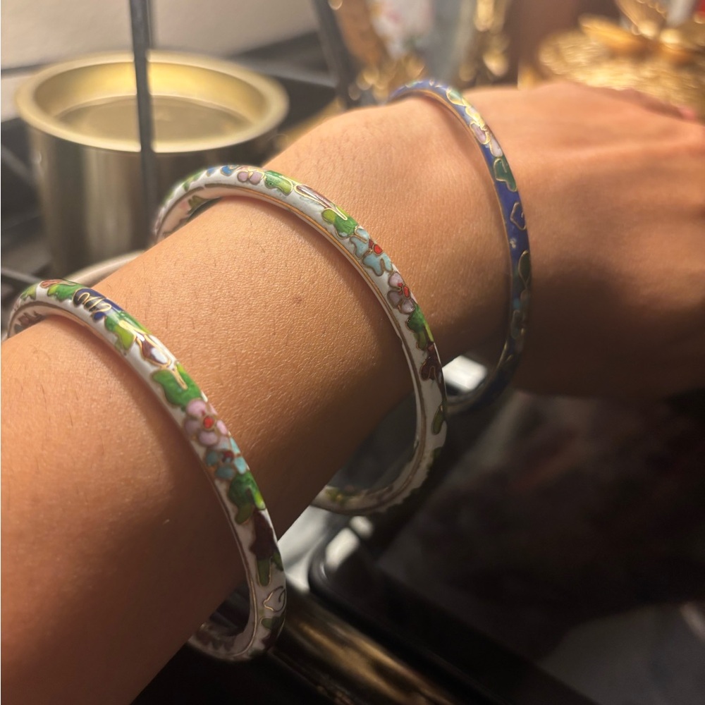Vintage Cloisonne Elegant Blue and White Floral Bangle Bracelets(3)Set
